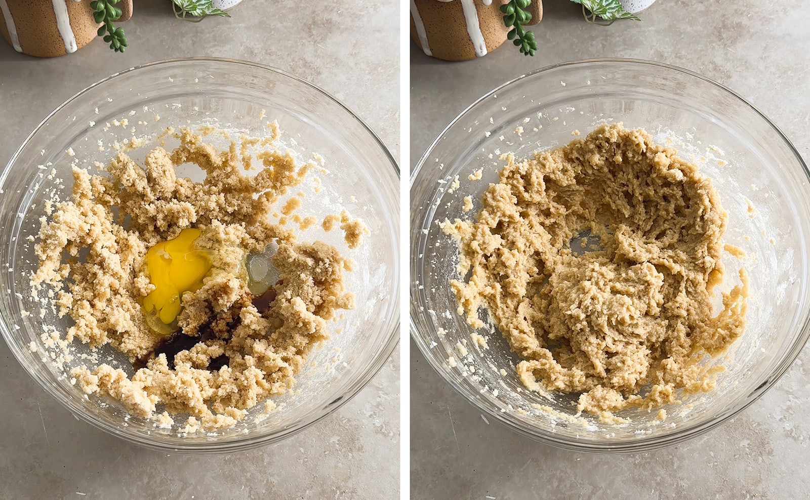 Left to right: an egg in a bowl of cookie dough, cookie dough batter in a mixing bowl.