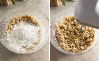 Left to right: flour in a bowl of cookie dough, mixing cookie dough with a hand mixer.