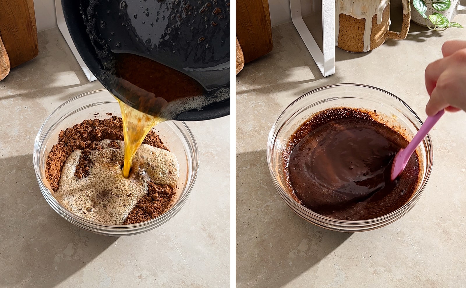 Left to right: pouring browned butter into bowl of chocolate, stirring melted chocolate mixture in a bowl.