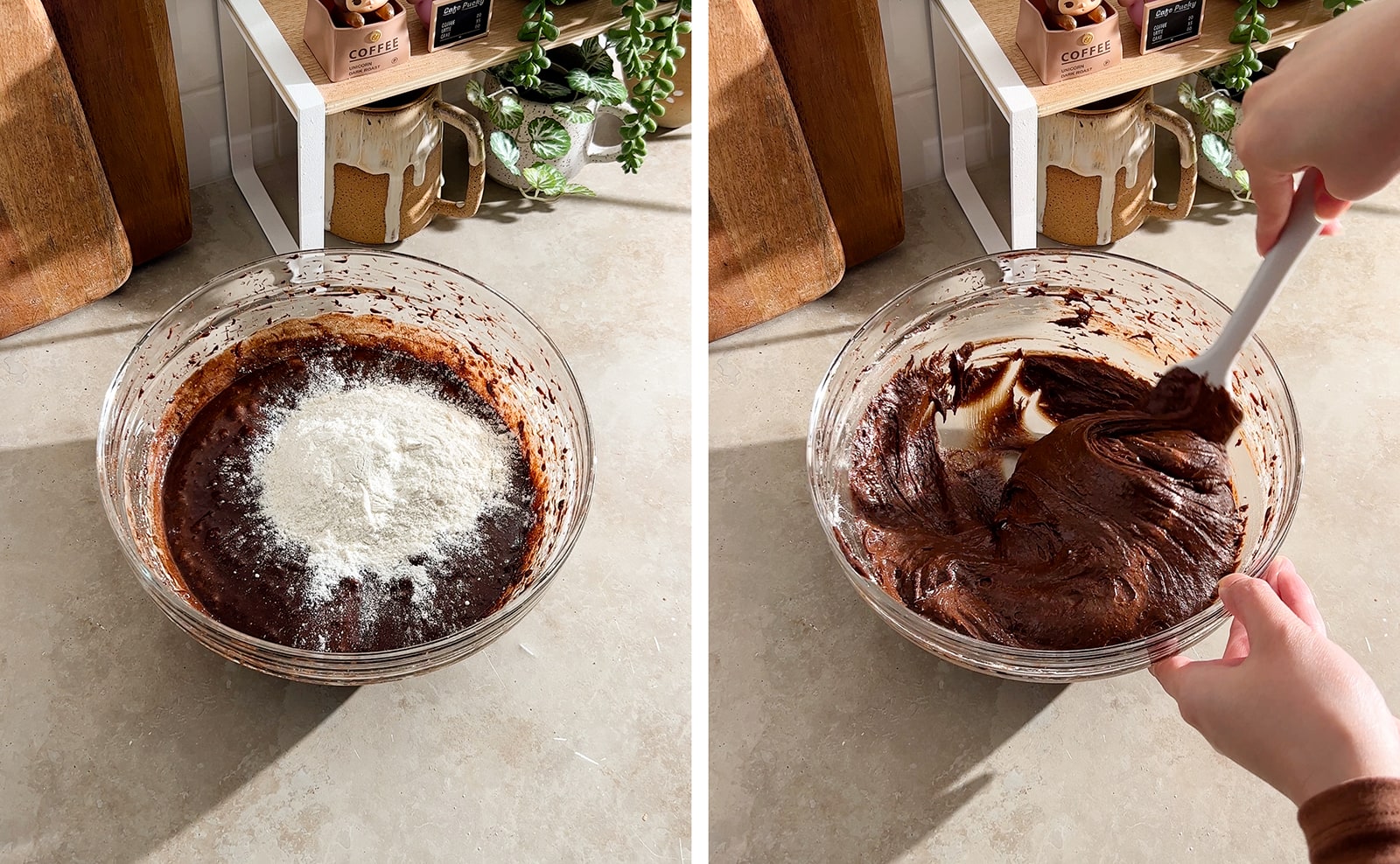 Left to right: flour in a bowl of brownie batter, folding brownie batter with a spatula in a bowl.
