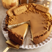 A slice cut out of a biscoff cheesecake sitting on a cake server.