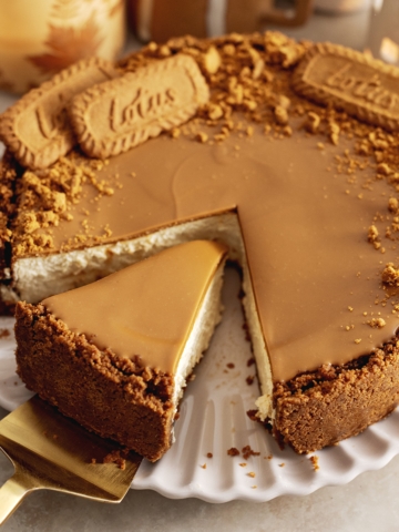 A slice cut out of a biscoff cheesecake sitting on a cake server.