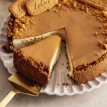 A slice cut out of a biscoff cheesecake sitting on a cake server.