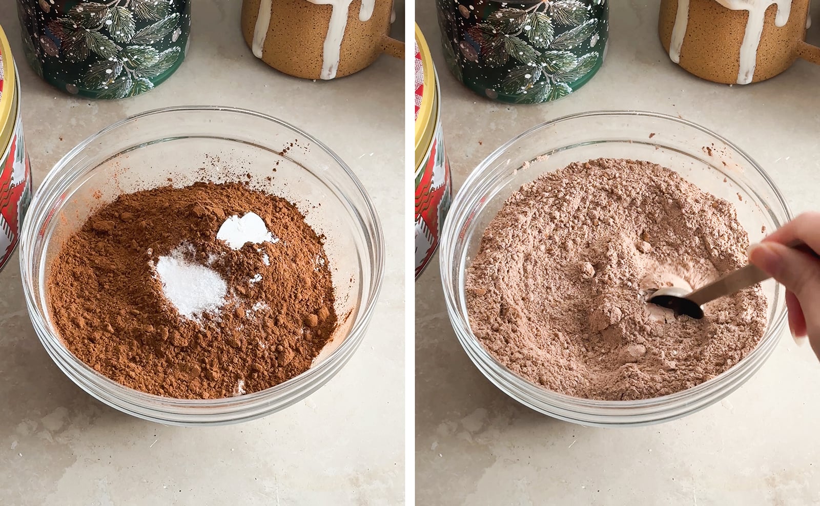 Left to right: dry ingredients in a bowl, stirring flour mixture together with a spoon.