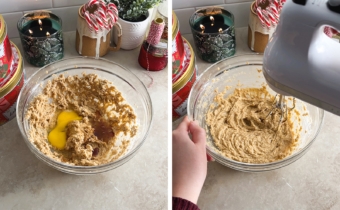 Left to right: egg and vanilla extract in a bowl of creamed butter and sugar, mixing wet mixture with a hand mixer.