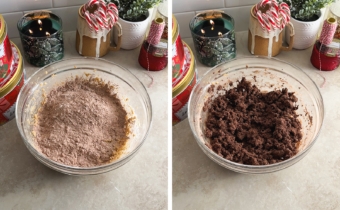Left to right: flour mixture in a bowl of batter, mixed chocolate cookie dough in a bowl.