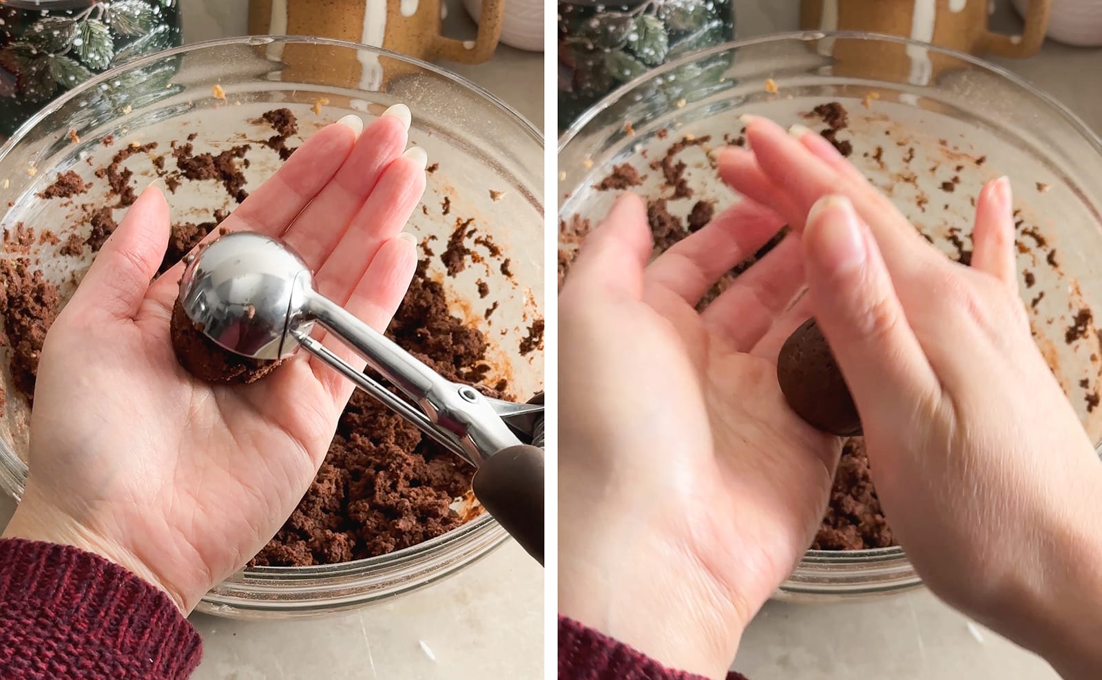 Left to right: releasing cookie dough into a hand from a cookie scoop, rolling cookie dough in between hands.