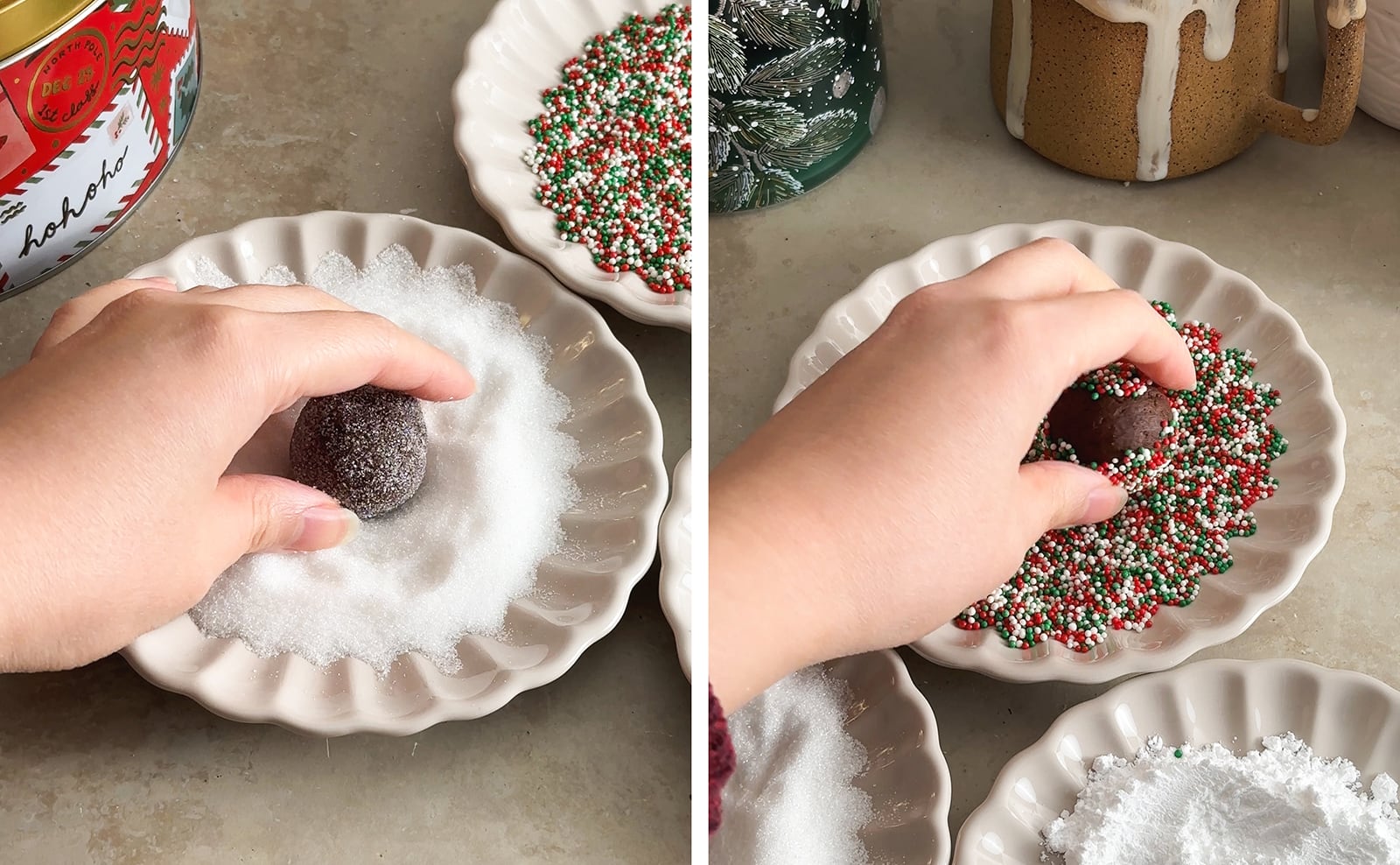 Left to right: rolling cookie dough ball in sugar, rolling cookie dough ball in christmas sprinkles.