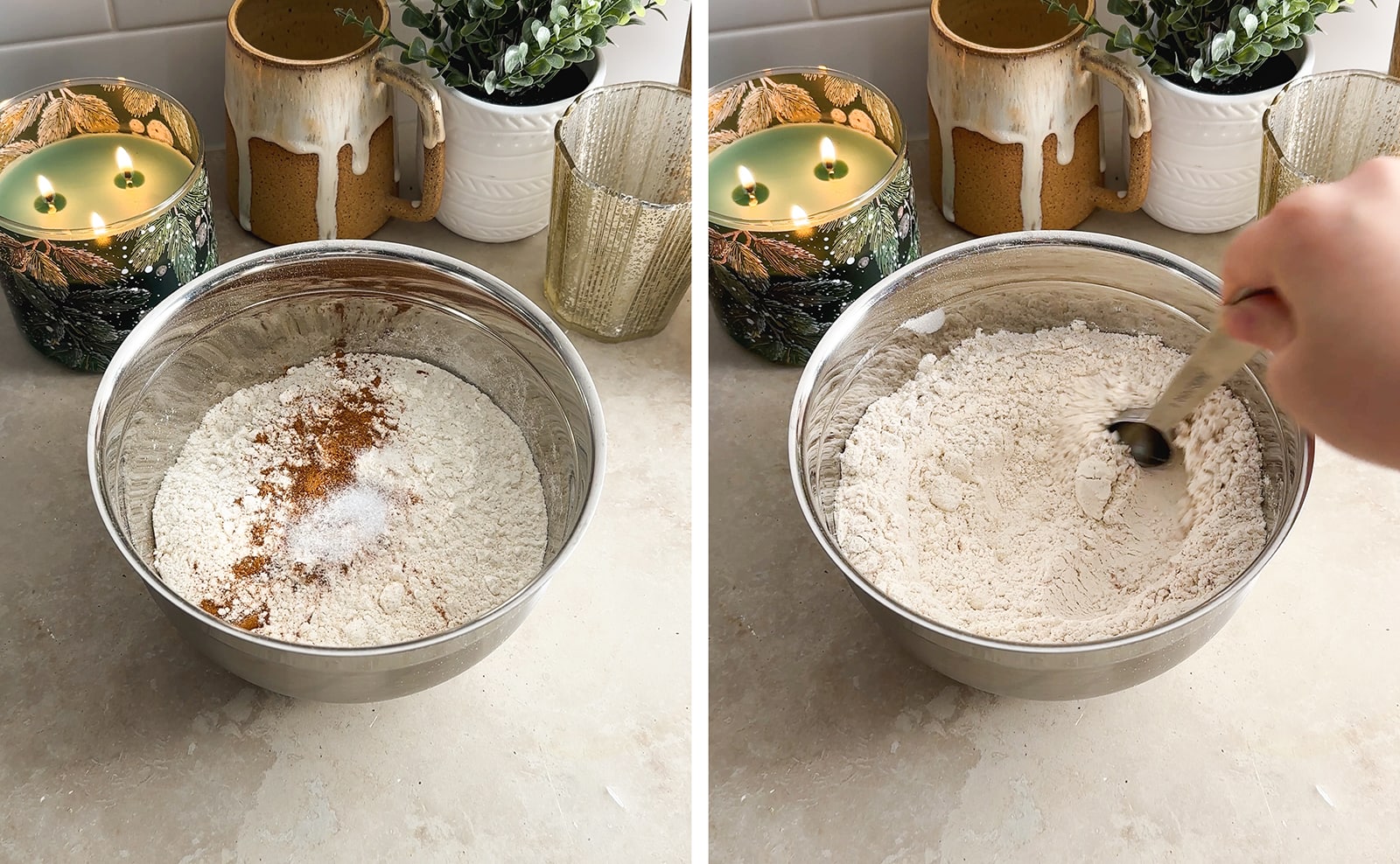 Left to right: dry ingredients in a bowl, stirring dry ingredients together with a spoon.