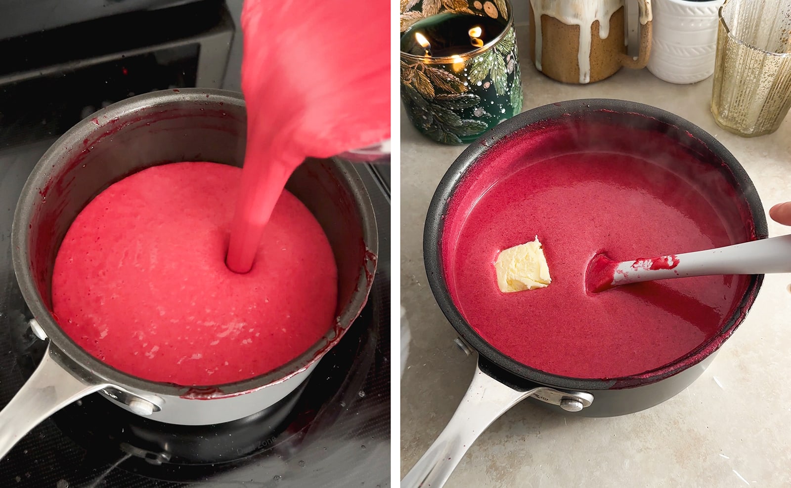 Left to right: pouring cranberry mixture into pot, a cube of butter sitting in a pot of cranberry curd.