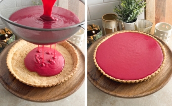 Left to right: cranberry curd dripping from a sieve into a tart shell, tart filled with cranberry curd.