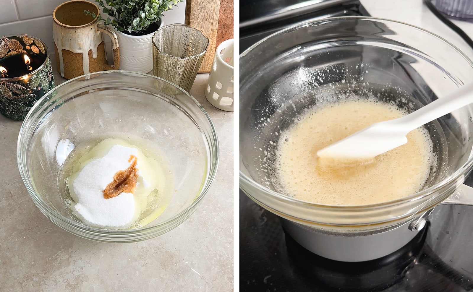 Left to right: egg whites and sugar in a bowl, a double boiler with an egg white mixture in the bowl.