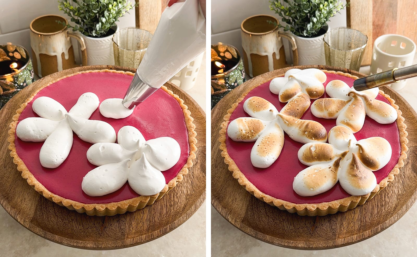 Left to right: piping meringue on top of cranberry curd tart, toasting meringue with a blow torch.