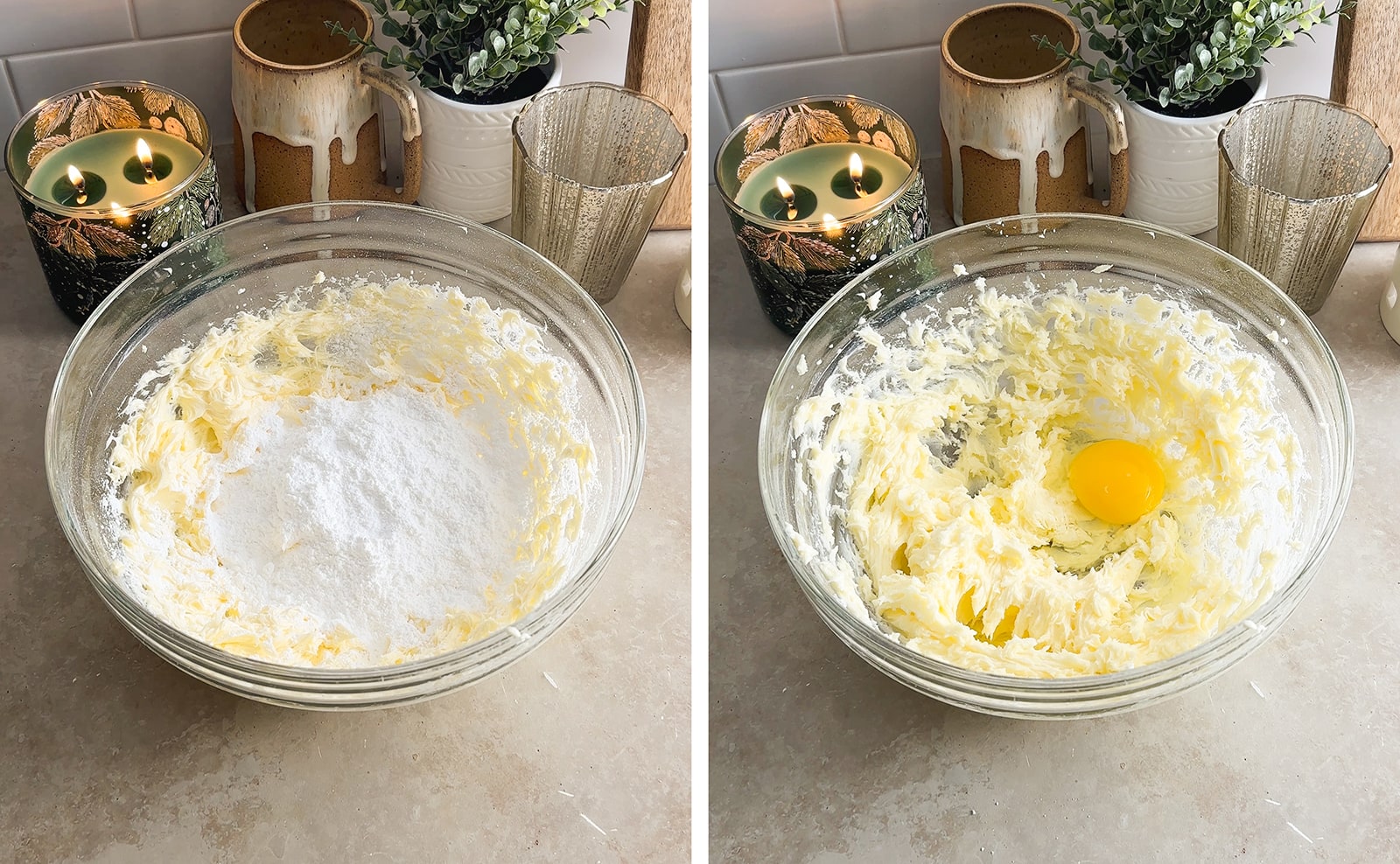 Left to right: powdered sugar in a bowl of butter, an egg in a bowl of creamed butter and sugar.