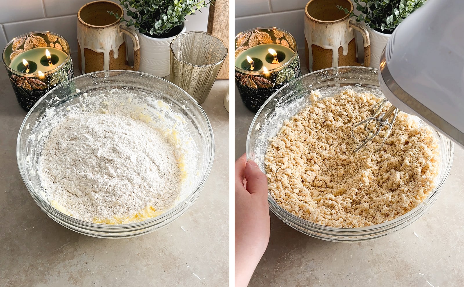 Left to right: flour in a mixing bowl, mixing a crumbly dough with a hand mixer.