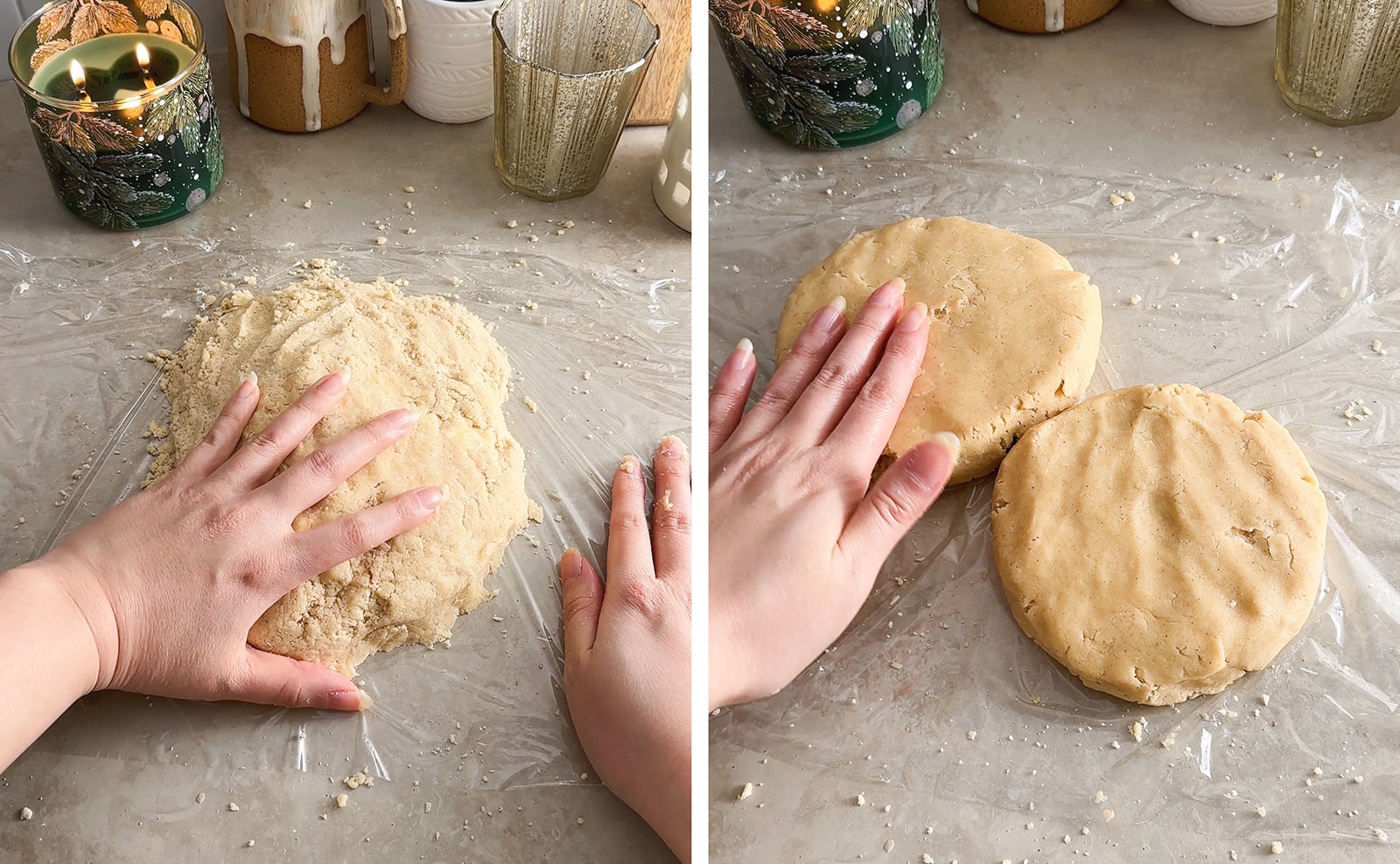 Left to right: hand pressing down on dough, two discs of dough with a hand pressing down on one of them.