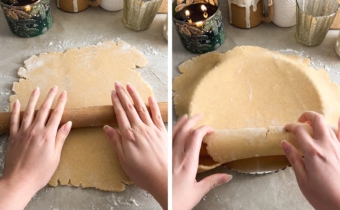 Left to right: rolling out tart dough with a rolling pin, unrolling dough on top of tart pan.