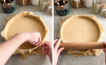 Left to right: hands pressing dough into the sides of a tart pan, rolling a rolling pin over the edges of a tart pan.