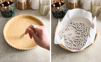 Left to right: docking a tart shell with a fork, a tart shell lined with parchment paper and filled with pie weights.