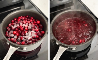 Left to right: cranberries and sugar in a pot, cranberry sauce in a pot.