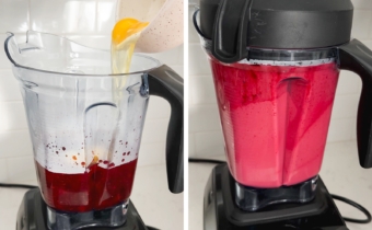 Left to right: pouring eggs into a blender filled with cranberry sauce, blending cranberry mixture in a blender.