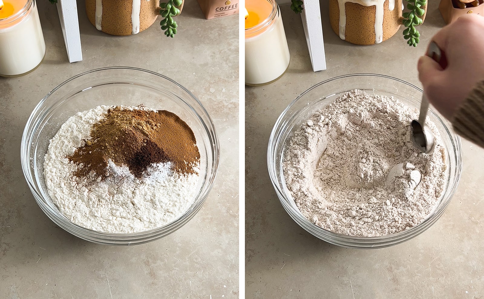 Left to right: dry ingredients in a bowl, stirring dry ingredients in a bowl.