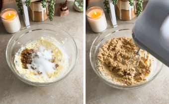 Left to right: sugars in a bowl of butter, creaming butter and sugar together with a hand mixer.