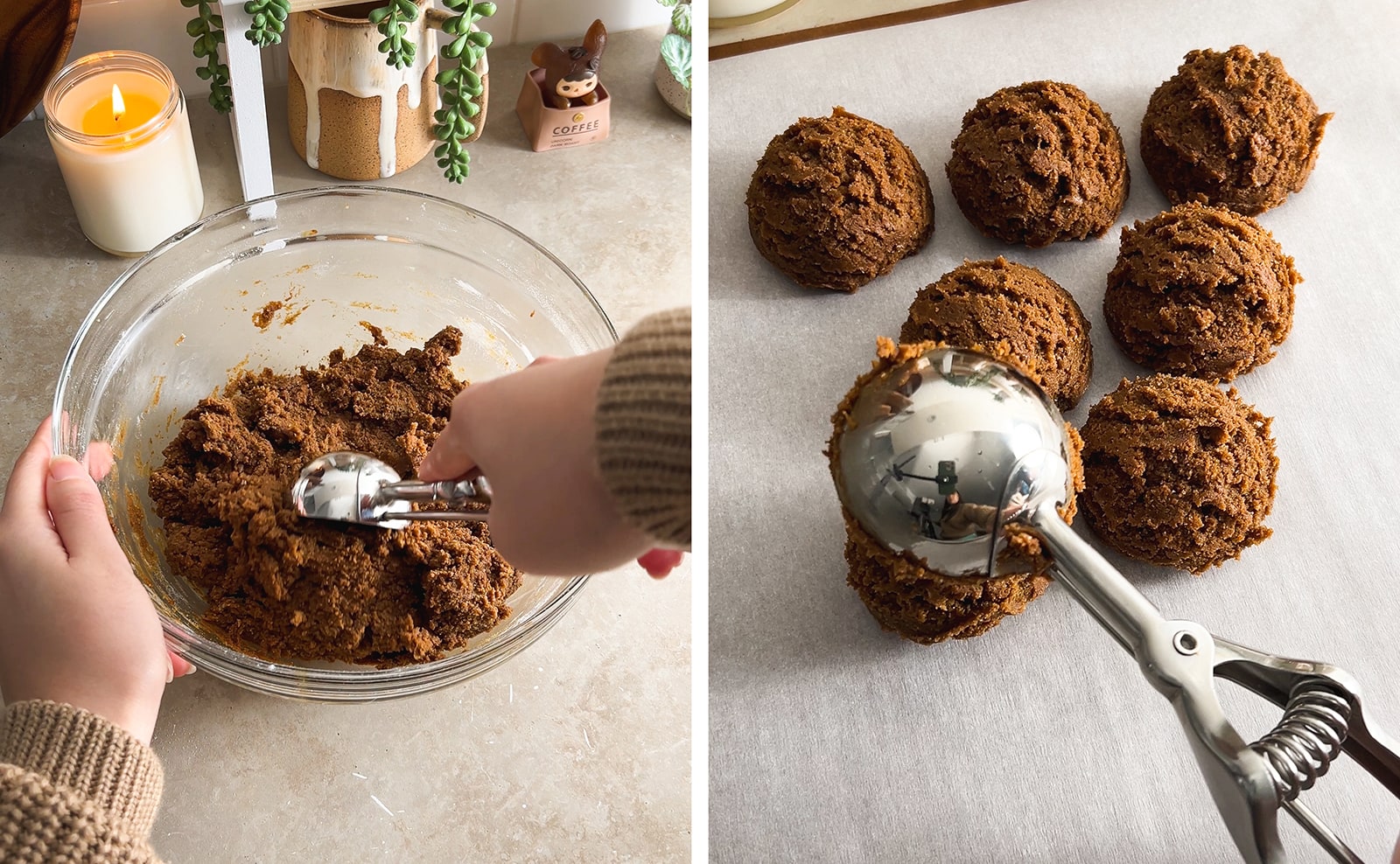 Left to right: scooping cookie dough with a cookie scoop, released cookie dough balls from scooper onto parchment paper.