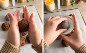 Left to right: rolling a ball of cookie dough in between hands, rolling a cookie dough ball in sugar.
