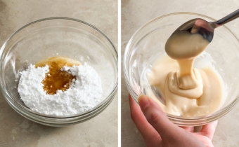 Left to right: icing ingredients in a bowl, icing dripping off of a spoon into a bowl.