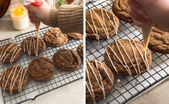 Left to right: piping icing on top of gingerbread cookies, close-up of piping icing on top of a cookie.