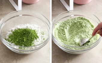 Left to right: flour and matcha powder in a bowl, stirring dry ingredients together with a spoon.
