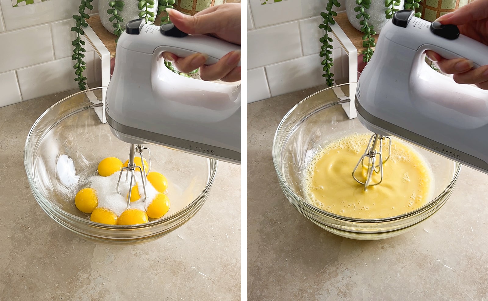 Left to right: egg yolks and sugar in a mixing bowl, mixing egg yolk mixture with a hand mixer.