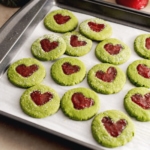 Matcha thumbprint cookies on a baking sheet on a kitchen counter.