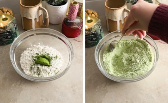 Left to right: dry ingredients in a bowl, stirring dry ingredients together in a bowl.