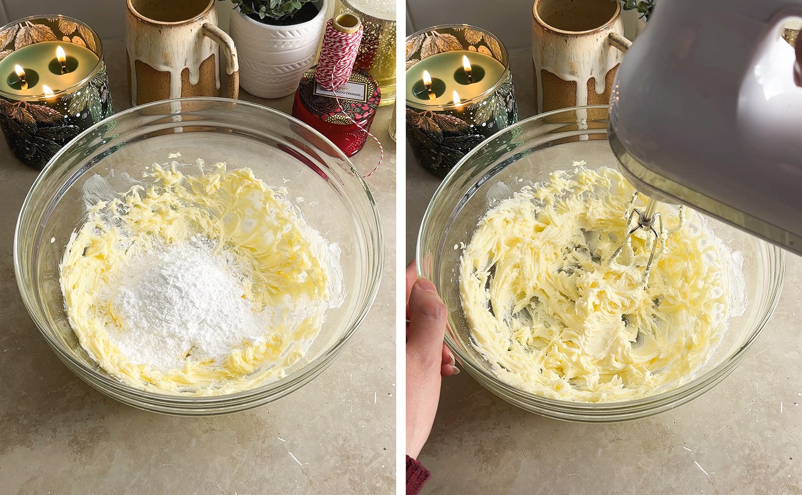 Left to right: powdered sugar in a bowl of butter, creaming butter and sugar together with a hand mixer.