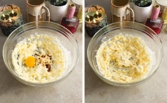 Left to right: egg and vanilla extract in a bowl of creamed butter and sugar, wet ingredients mixed together in a bowl.