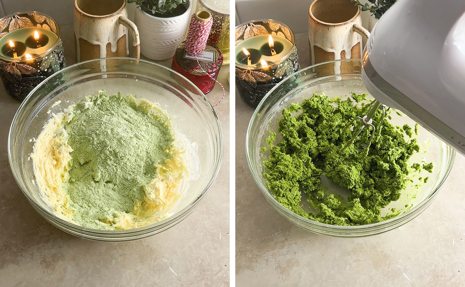 Left to right: flour mixture in a bowl of wet mixture, mixing matcha cookie dough in a bowl.