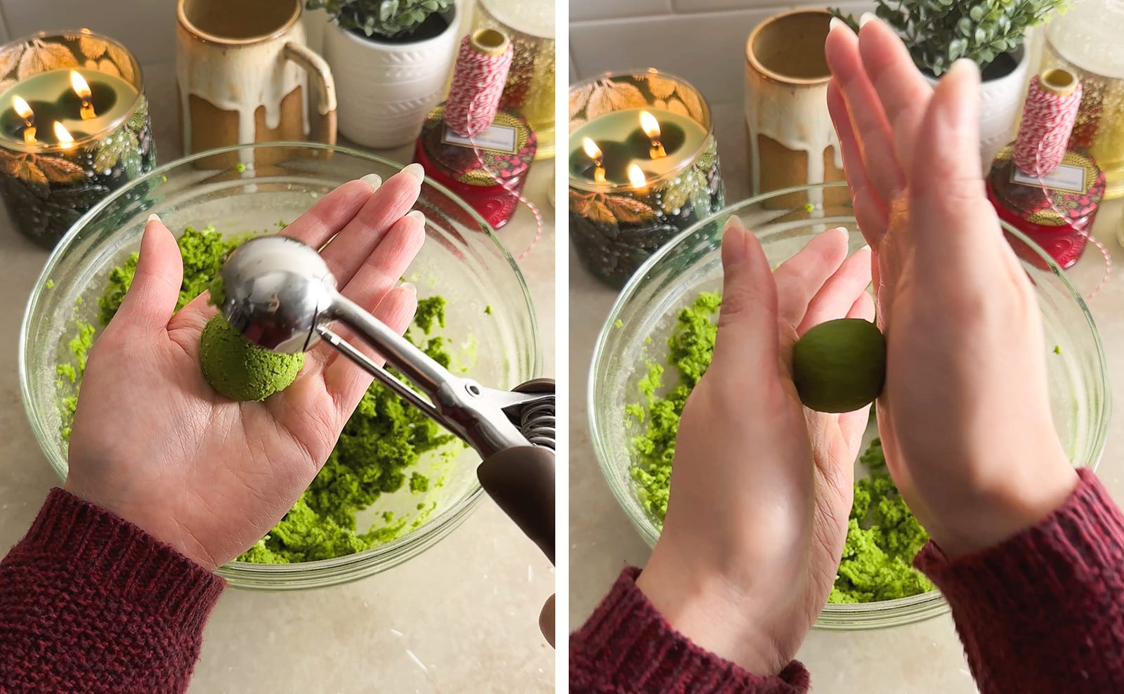 Left to right: releasing a scoop of cookie dough into a hand, rolling cookie dough in between hands.