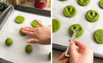 Left to right: pressing a ball of cookie dough down with a hand, pressing heart shape into cookie dough.