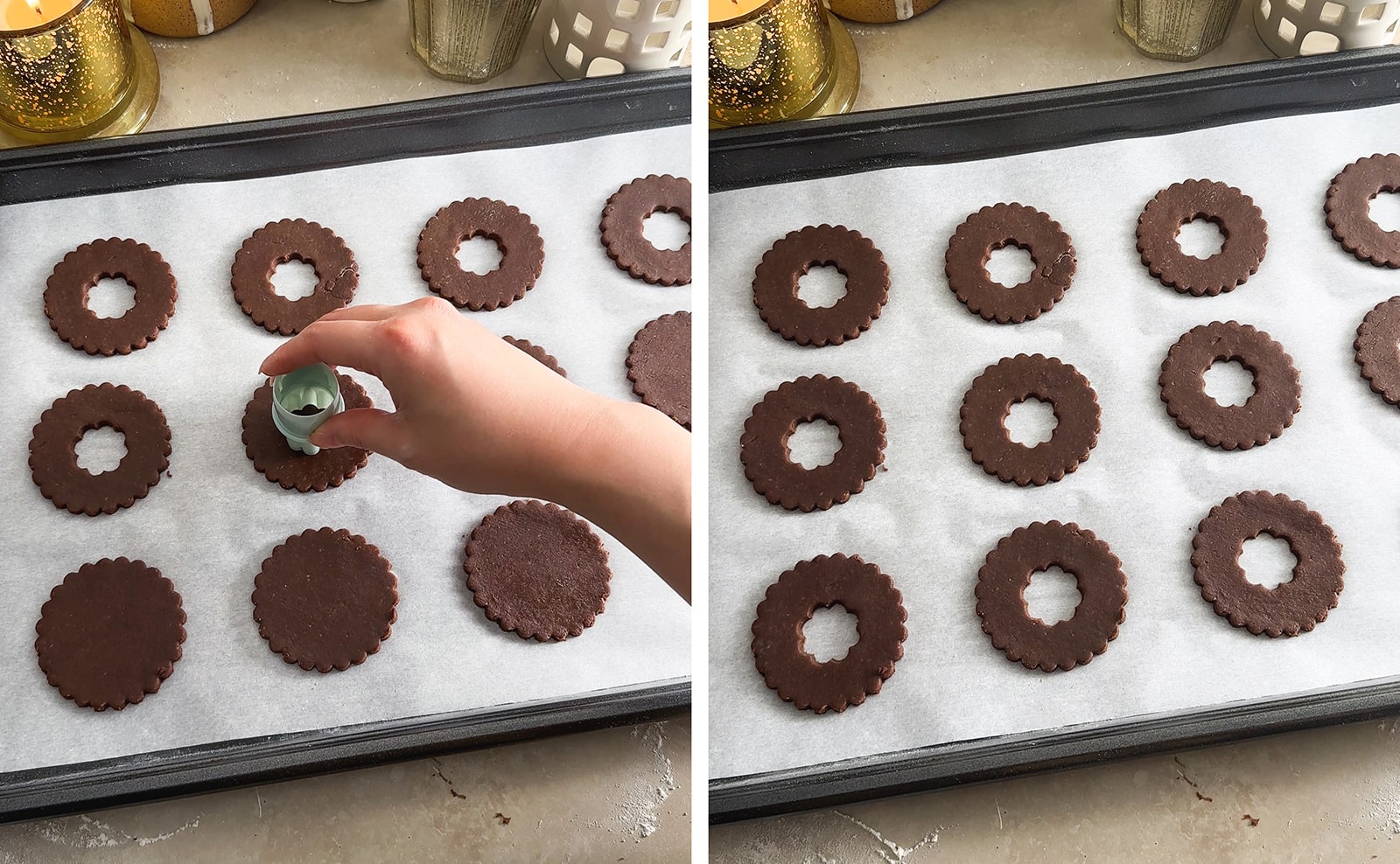 Left to right: cutting out the middle of cookies with a small cookie cutter, linzer cookie tops on a baking sheet.