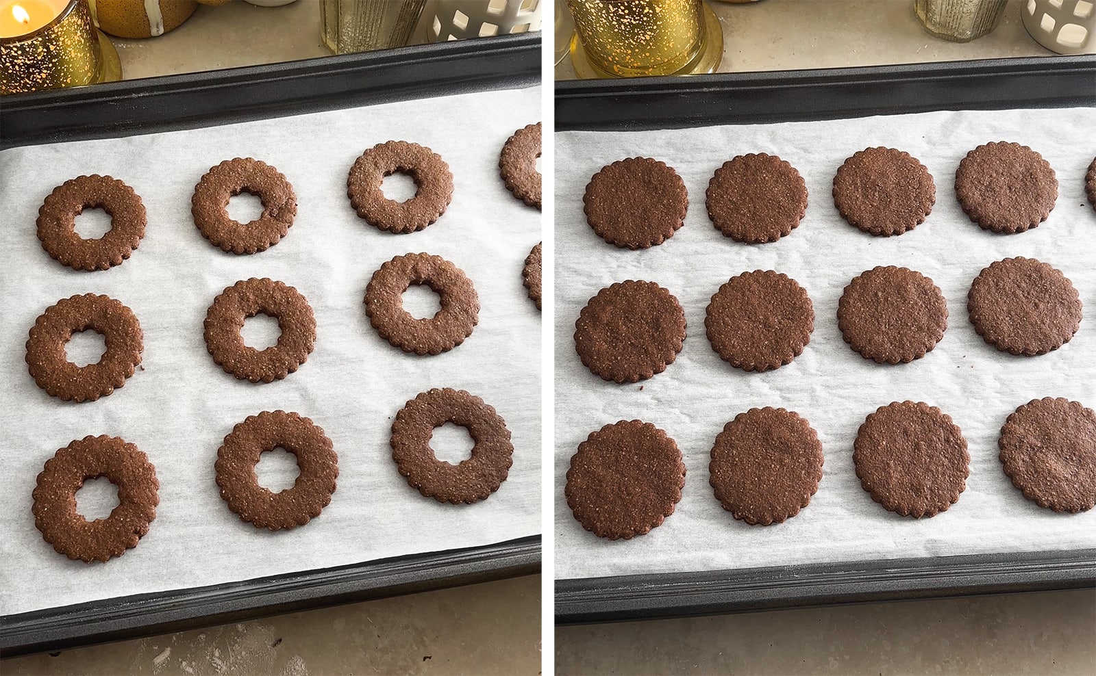 Left to right: baked linzer cookie tops, baked linzer cookie bottoms.