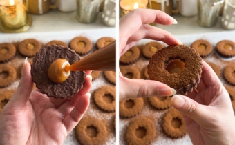 Left to right: piping caramel on a chocolate cookie, placing a cookie on top of caramel filling.