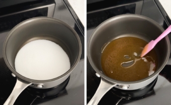 Left to right: granulated sugar in a pot, melted and caramelized sugar in a pot.