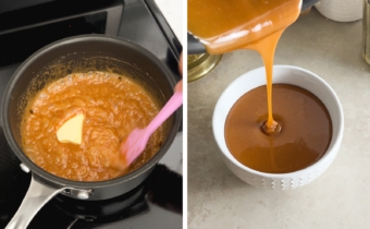 Left to right: stirring a cube of butter into a pot of caramel, pouring caramel into a bowl.