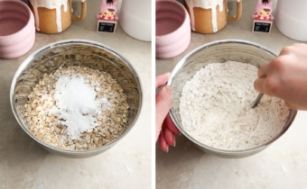 Left to right: flour and oats in a mixing bowl, stirring dry ingredients together in a bowl.