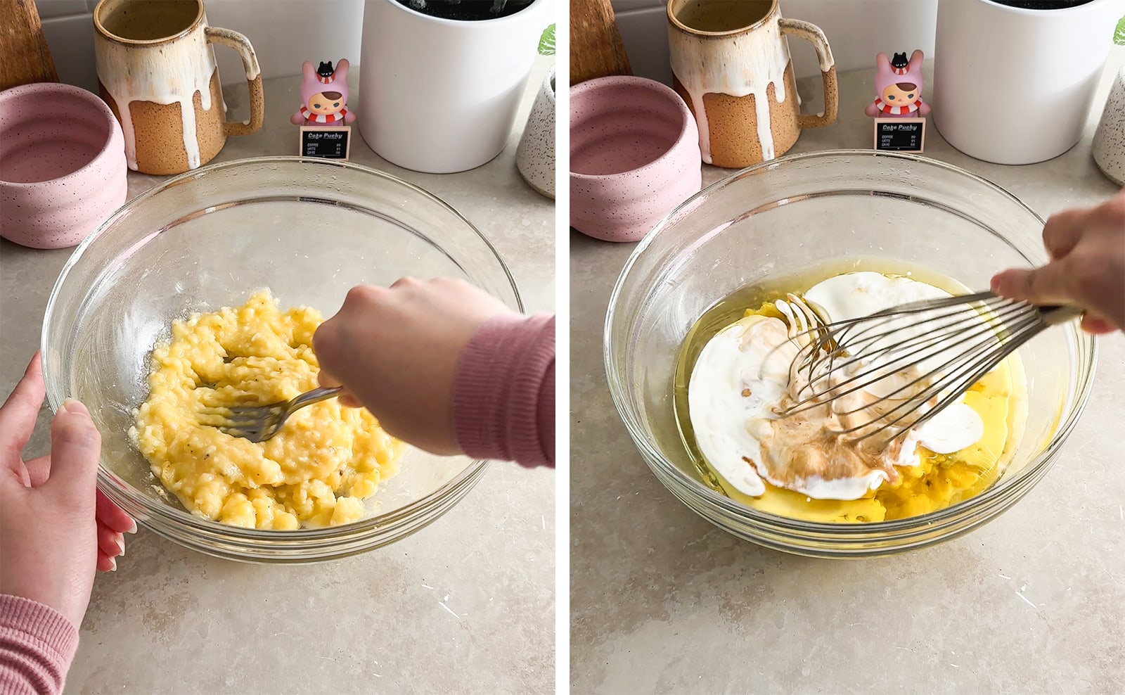 Left to right: mashing bananas in a bowl with a fork, whisking wet ingredients together in a mixing bowl.