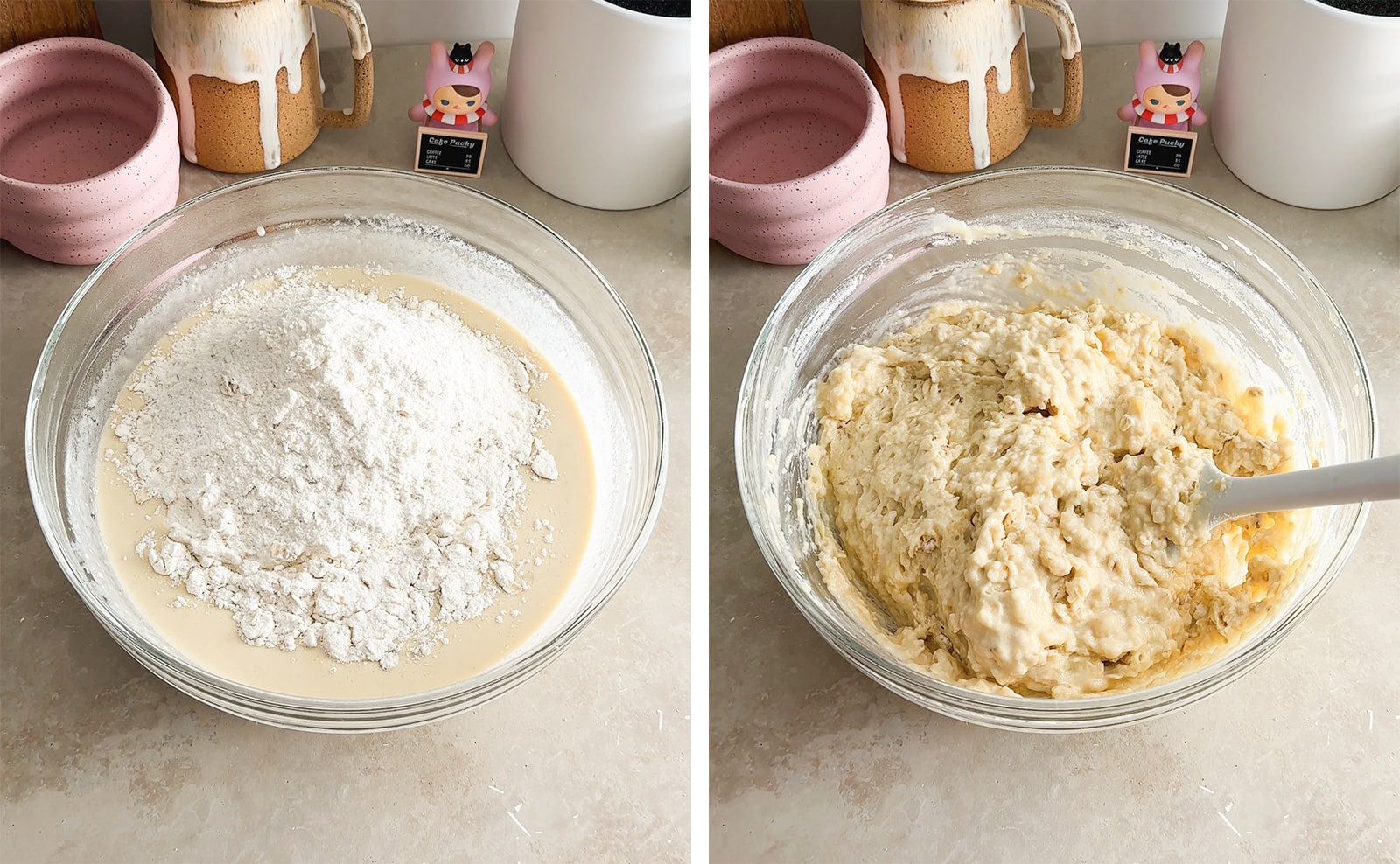 Left to right: flour mixture in a bowl of wet ingredients, mixed muffin batter in a mixing bowl.