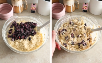 Left to right: blackberries on top of a bowl of muffin batter, a bowl of batter with blackberries mixed in.