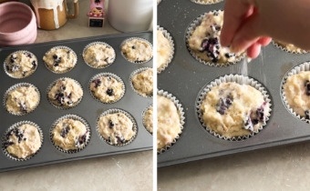 Left to right: muffin pan filled with batter, hand sprinkling sugar on top of muffin batter.
